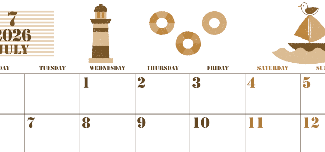 2026年7月横型レトロな月曜始まり マリンなイラストのかわいいA4無料セピア調カレンダー(2026-00550701)