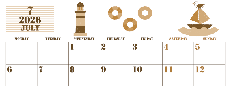 2026年7月横型レトロな月曜始まり マリンなイラストのかわいいA4無料セピア調カレンダー(2026-00550701)