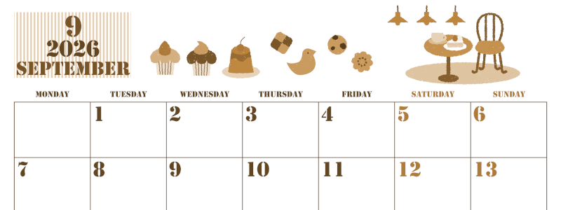 2026年9月横型レトロな月曜始まり 食欲の秋イラストのかわいいA4無料セピア調カレンダー(2026-00550901)