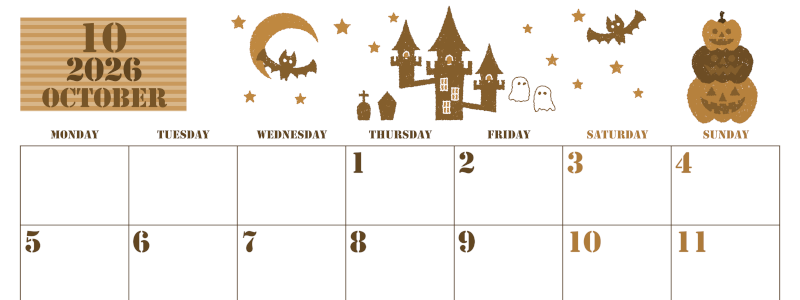 2026年10月横型レトロな月曜始まり ハロウィンイラストがかわいいA4無料セピア調カレンダー(2026-00551001)