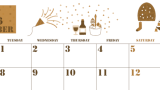 2026年12月横型レトロな月曜始まり パーティーのイラストがかわいいA4無料セピア調カレンダー(2026-00551201)