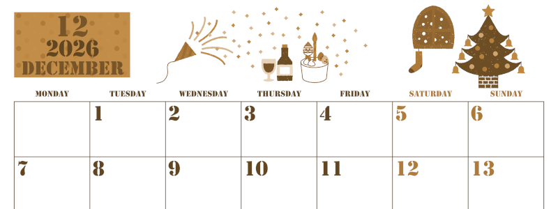 2026年12月横型レトロな月曜始まり パーティーのイラストがかわいいA4無料セピア調カレンダー(2026-00551201)