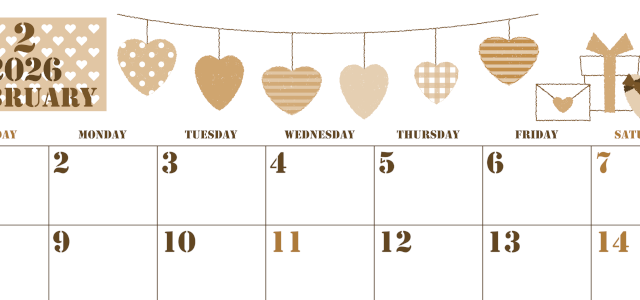 2026年2月横型レトロな日曜始まり ラブレターイラストのかわいいA4無料セピア調カレンダー(2026-00550200)