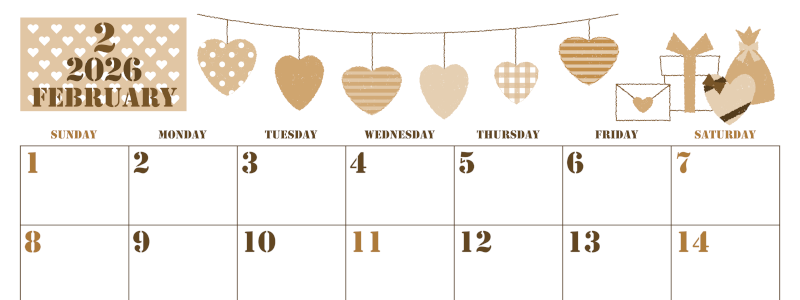 2026年2月横型レトロな日曜始まり ラブレターイラストのかわいいA4無料セピア調カレンダー(2026-00550200)
