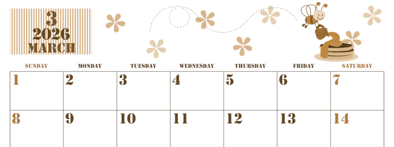 2026年3月横型レトロな日曜始まり パンケーキイラストのかわいいA4無料セピア調カレンダー(2026-00550300)