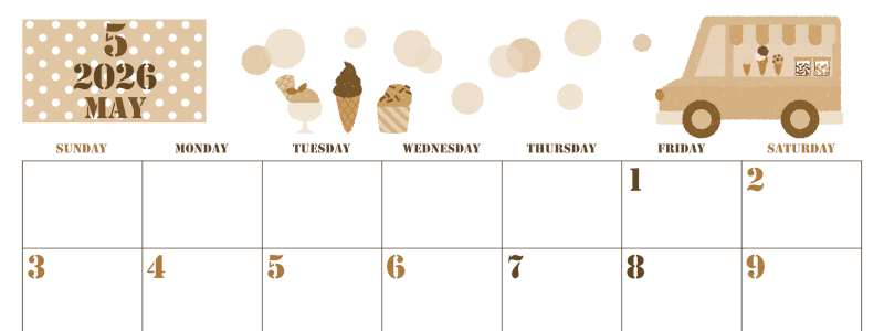 2026年5月横型レトロな日曜始まり アイスクリームのイラストがかわいいA4無料セピア調カレンダー(2026-00550500)