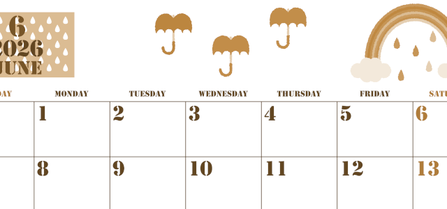 2026年6月横型レトロな日曜始まり 虹イラストのかわいいA4無料セピア調カレンダー(2026-00550600)