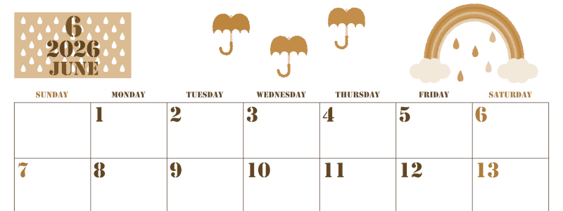 2026年6月横型レトロな日曜始まり 虹イラストのかわいいA4無料セピア調カレンダー(2026-00550600)