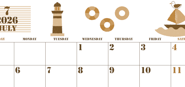 2026年7月横型レトロな日曜始まり マリンなイラストのかわいいA4無料セピア調カレンダー(2026-00550700)