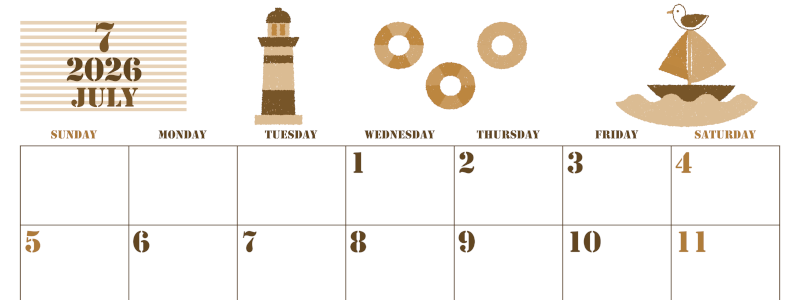 2026年7月横型レトロな日曜始まり マリンなイラストのかわいいA4無料セピア調カレンダー(2026-00550700)