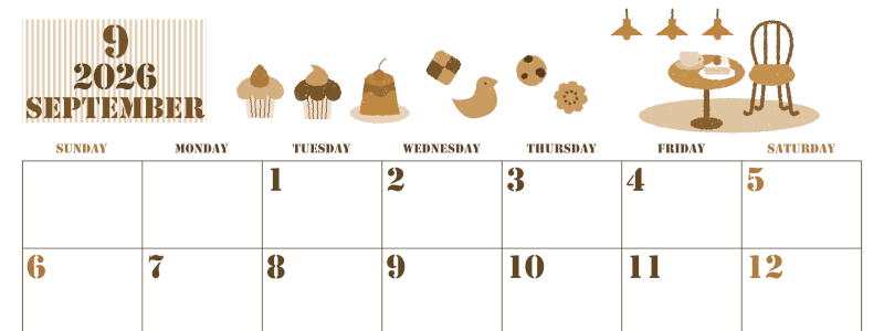 2026年9月横型レトロな日曜始まり 食欲の秋イラストのかわいいA4無料セピア調カレンダー(2026-00550900)