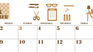 2026年11月横型レトロな日曜始まり 文房具イラストのかわいいA4無料セピア調カレンダー(2026-00551100)