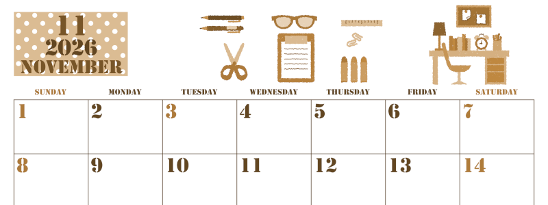 2026年11月横型レトロな日曜始まり 文房具イラストのかわいいA4無料セピア調カレンダー(2026-00551100)