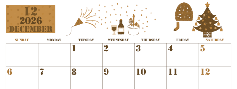 2026年12月横型レトロな日曜始まり パーティーのイラストがかわいいA4無料セピア調カレンダー(2026-00551200)