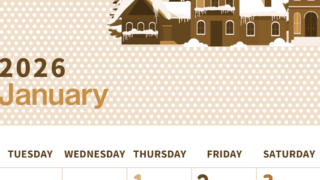 2026年1月縦型レトロな月曜始まり 雪とドットのイラストおしゃれA4無料セピア調カレンダー(2026-00580111)