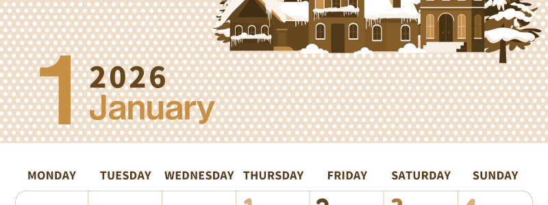 2026年1月縦型レトロな月曜始まり 雪とドットのイラストおしゃれA4無料セピア調カレンダー(2026-00580111)