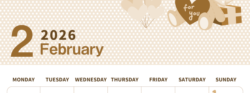 2026年2月縦型レトロな月曜始まり テディベアがおしゃれイラストセピア調カレンダー(2026-00580211)