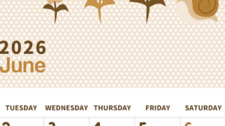 2026年6月縦型レトロな月曜始まり かたつむりイラストのおしゃれA4無料セピア調カレンダー(2026-00580611)