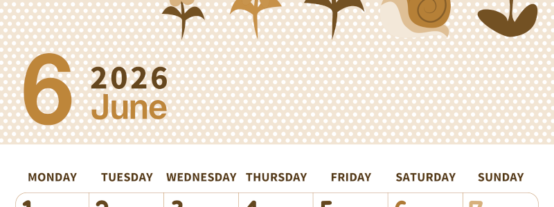 2026年6月縦型レトロな月曜始まり かたつむりイラストのおしゃれA4無料セピア調カレンダー(2026-00580611)