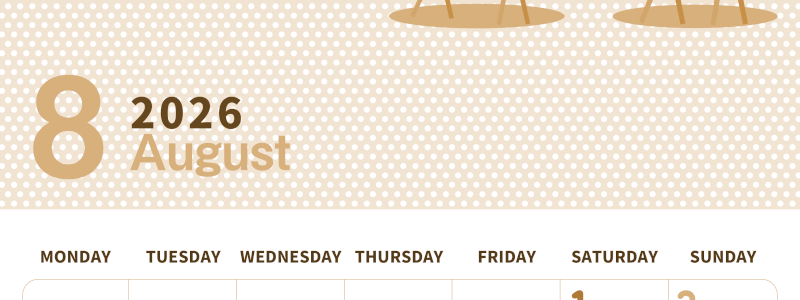 2026年8月縦型レトロな月曜始まり 野菜イラストのおしゃれA4無料セピア調カレンダー(2026-00580811)