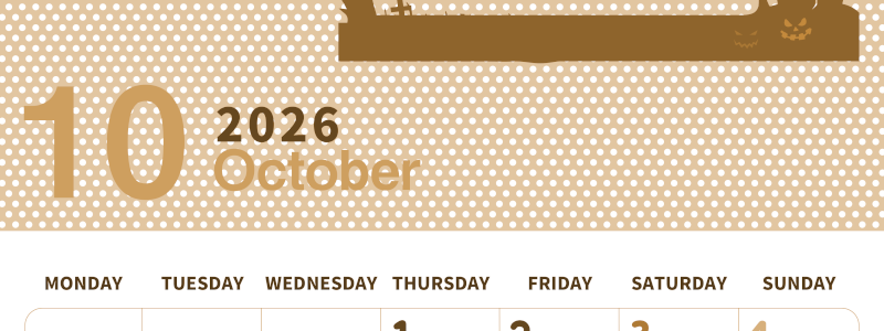 2026年10月縦型レトロな月曜始まり ハロウィンイラストのおしゃれA4無料セピア調カレンダー(2026-00581011)