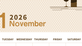2026年11月縦型レトロな月曜始まり ワインがおしゃれなイラストセピア調カレンダー(2026-00581111)