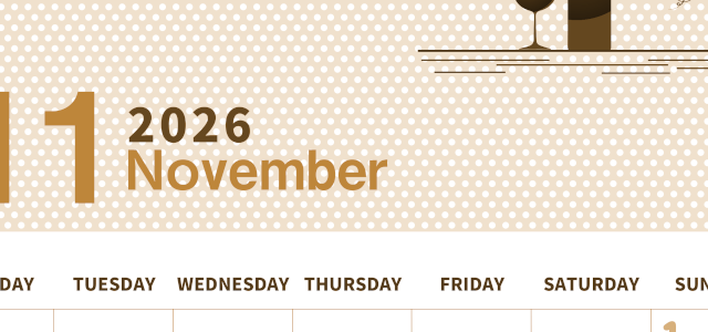 2026年11月縦型レトロな月曜始まり ワインがおしゃれなイラストセピア調カレンダー(2026-00581111)