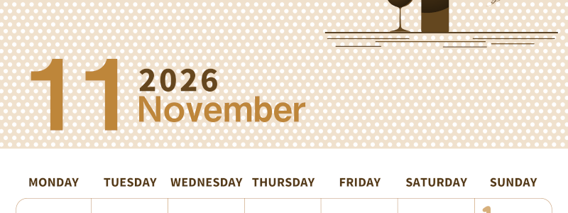 2026年11月縦型レトロな月曜始まり ワインがおしゃれなイラストセピア調カレンダー(2026-00581111)