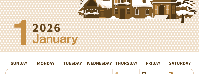 2026年1月縦型レトロな日曜始まり 北欧調雪イラストおしゃれA4無料セピア調カレンダー(2026-00580110)