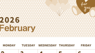 2026年2月縦型レトロな日曜始まり テディベアがおしゃれイラストセピア調カレンダー(2026-00580210)