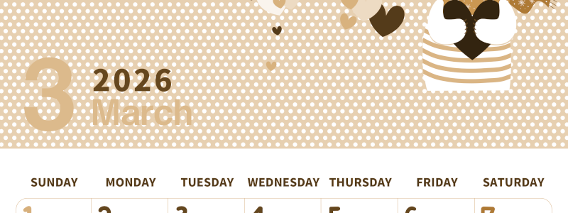 2026年3月縦型レトロな日曜始まり 白熊イラストのおしゃれA4無料セピア調カレンダー(2026-00580310)