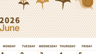 2026年6月縦型レトロな日曜始まり かたつむりイラストのおしゃれA4無料セピア調カレンダー(2026-00580610)