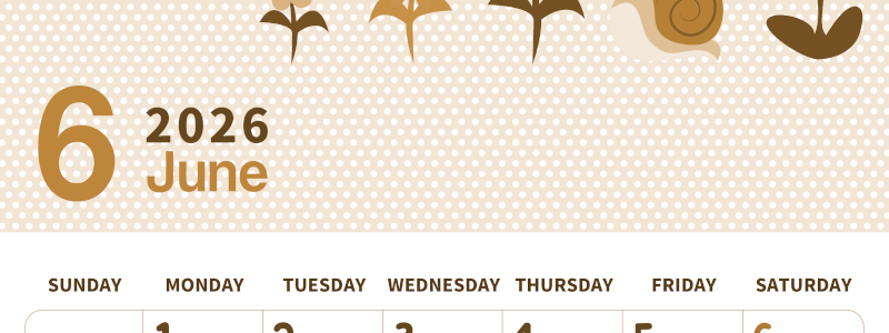 2026年6月縦型レトロな日曜始まり かたつむりイラストのおしゃれA4無料セピア調カレンダー(2026-00580610)
