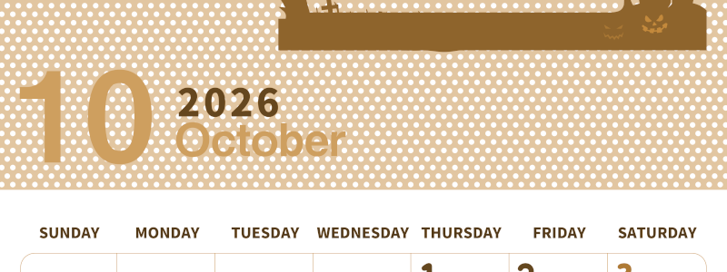 2026年10月縦型レトロな日曜始まり ハロウィンイラストのおしゃれA4無料セピア調カレンダー(2026-00581010)