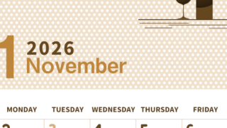 2026年11月縦型レトロな日曜始まり ワインがおしゃれなイラストセピア調カレンダー(2026-00581110)