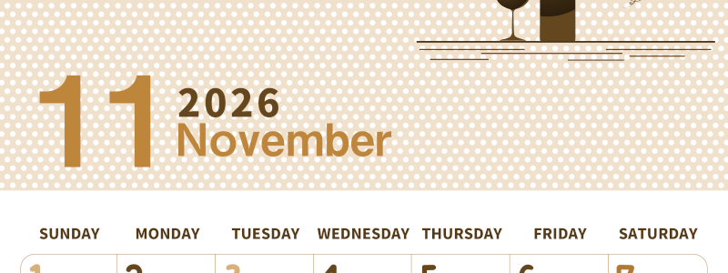 2026年11月縦型レトロな日曜始まり ワインがおしゃれなイラストセピア調カレンダー(2026-00581110)