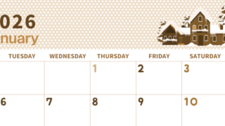 2026年1月横型レトロな月曜始まり 北欧っぽい雪イラストおしゃれA4無料セピア調カレンダー(2026-00580101)