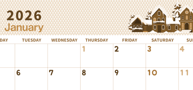 2026年1月横型レトロな月曜始まり 北欧っぽい雪イラストおしゃれA4無料セピア調カレンダー(2026-00580101)