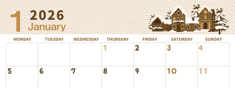 2026年1月横型レトロな月曜始まり 北欧っぽい雪イラストおしゃれA4無料セピア調カレンダー(2026-00580101)