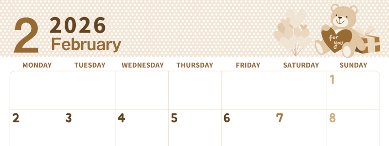 2026年2月横型レトロな月曜始まり テディベアがおしゃれイラストセピア調カレンダー(2026-00580201)