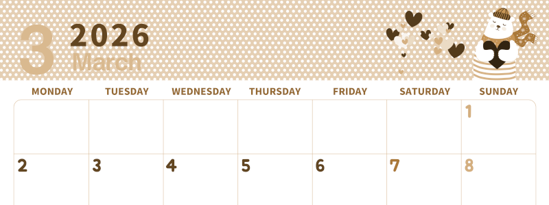 2026年3月横型レトロな月曜始まり 白熊イラストのおしゃれA4無料セピア調カレンダー(2026-00580301)
