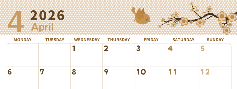 2026年4月横型レトロな月曜始まり ウグイスイラストのおしゃれA4無料セピア調カレンダー(2026-00580401)