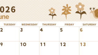 2026年6月横型レトロな月曜始まり かたつむりイラストのおしゃれA4無料セピア調カレンダー(2026-00580601)