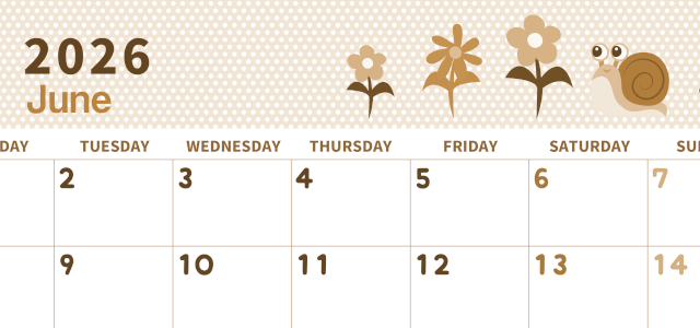 2026年6月横型レトロな月曜始まり かたつむりイラストのおしゃれA4無料セピア調カレンダー(2026-00580601)