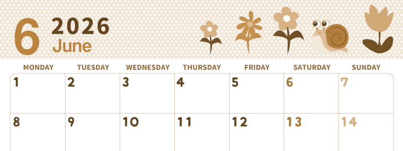 2026年6月横型レトロな月曜始まり かたつむりイラストのおしゃれA4無料セピア調カレンダー(2026-00580601)