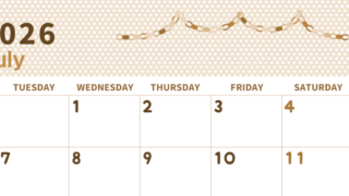 2026年7月横型レトロな月曜始まり 輪飾りイラストのおしゃれA4無料セピア調カレンダー(2026-00580701)