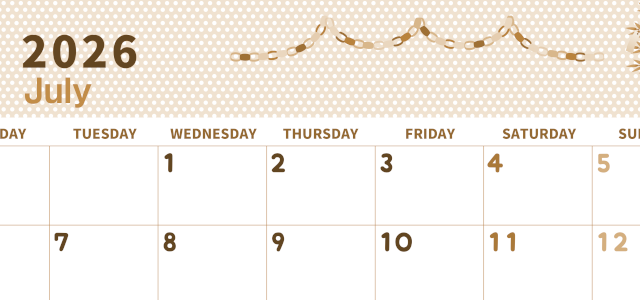 2026年7月横型レトロな月曜始まり 輪飾りイラストのおしゃれA4無料セピア調カレンダー(2026-00580701)