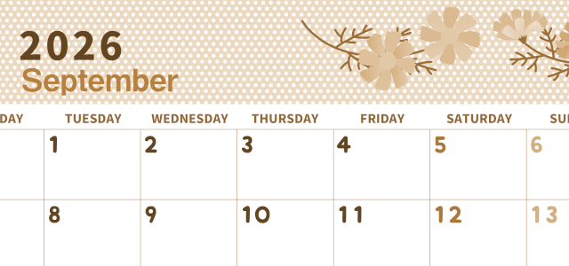 2026年9月横型レトロな月曜始まり コスモスがおしゃれなイラストセピア調カレンダー(2026-00580901)