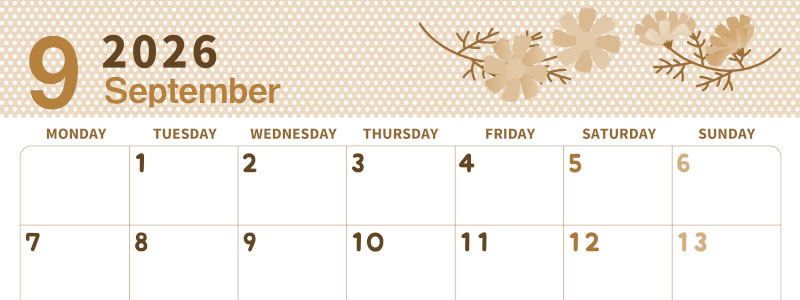 2026年9月横型レトロな月曜始まり コスモスがおしゃれなイラストセピア調カレンダー(2026-00580901)