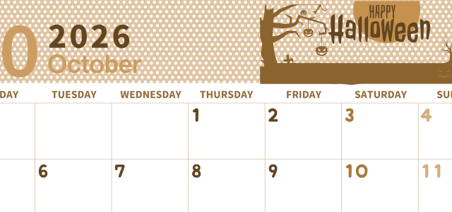 2026年10月横型レトロな月曜始まり ハロウィンイラストのおしゃれA4無料セピア調カレンダー(2026-00581001)